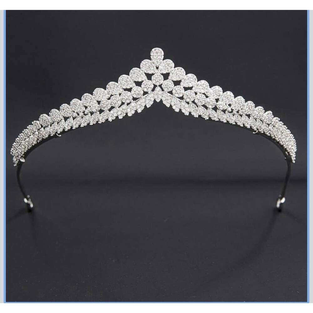 Women Wedding Bride Hair Accessories Silver Plated Cubic Zircon Leaf Tiara Crown